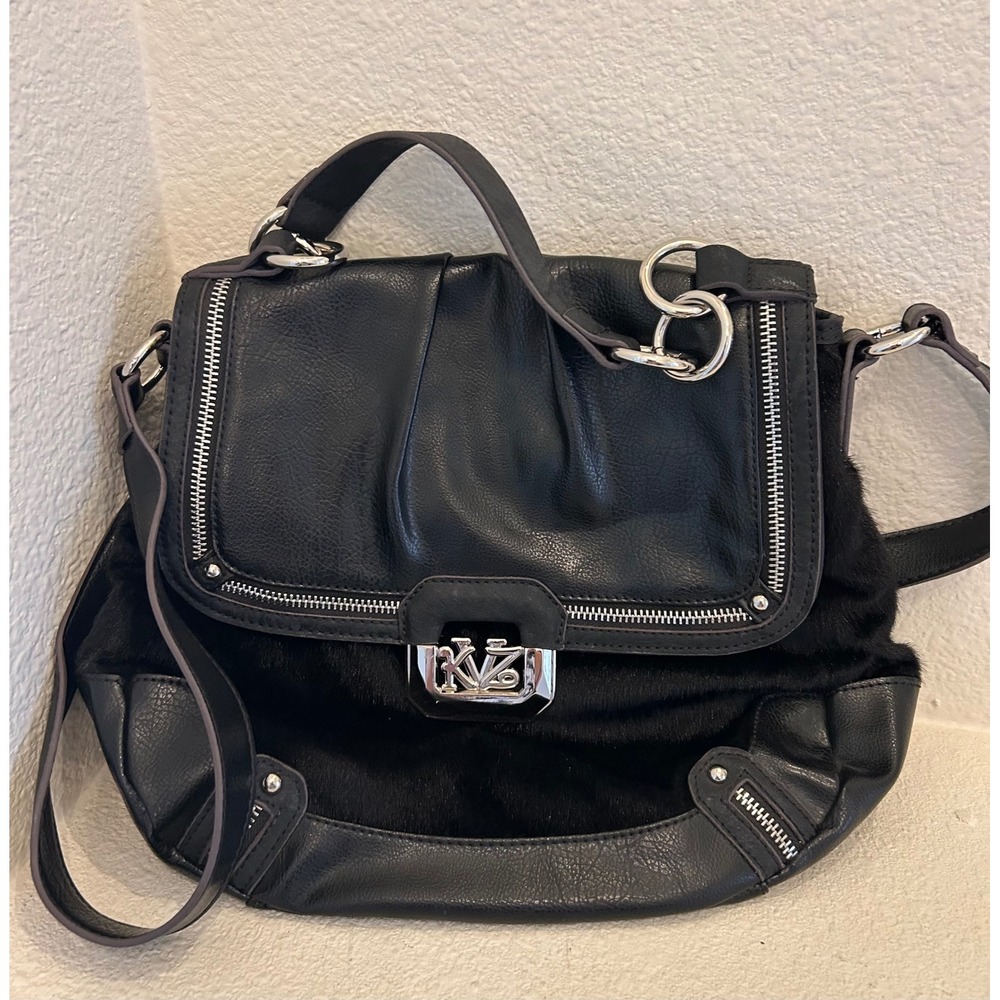 Kathy Van Zeeland Black Faux Fur Leather Satchel Shoulder Bag Silver Hardware